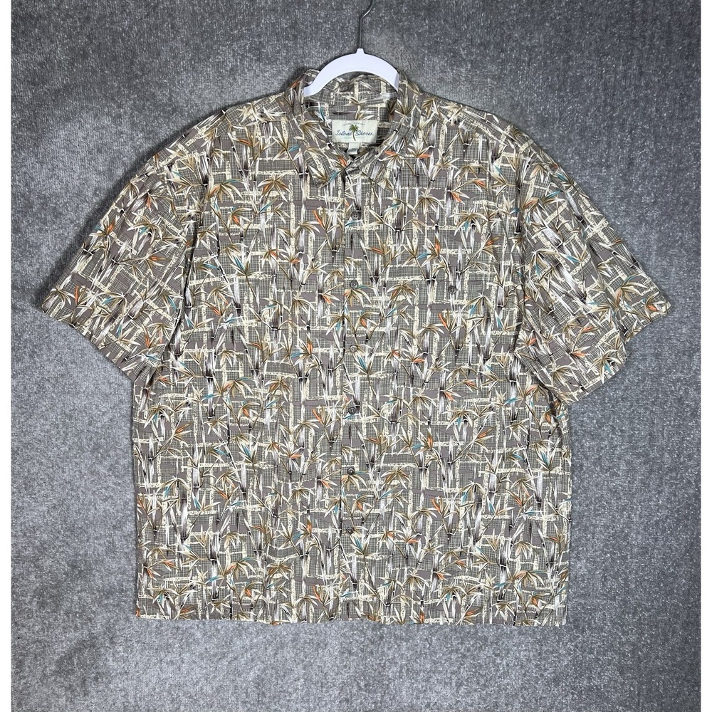 Island Shores Short Sleeve Button Up Shirt Mens Size XXL Taupe Brown Leaf Print